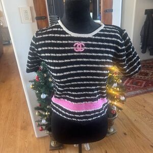 CHANEL WOMEN'S SWEATER SHORT SLEEVE TOP SIZE SMALL BLACK & PINK